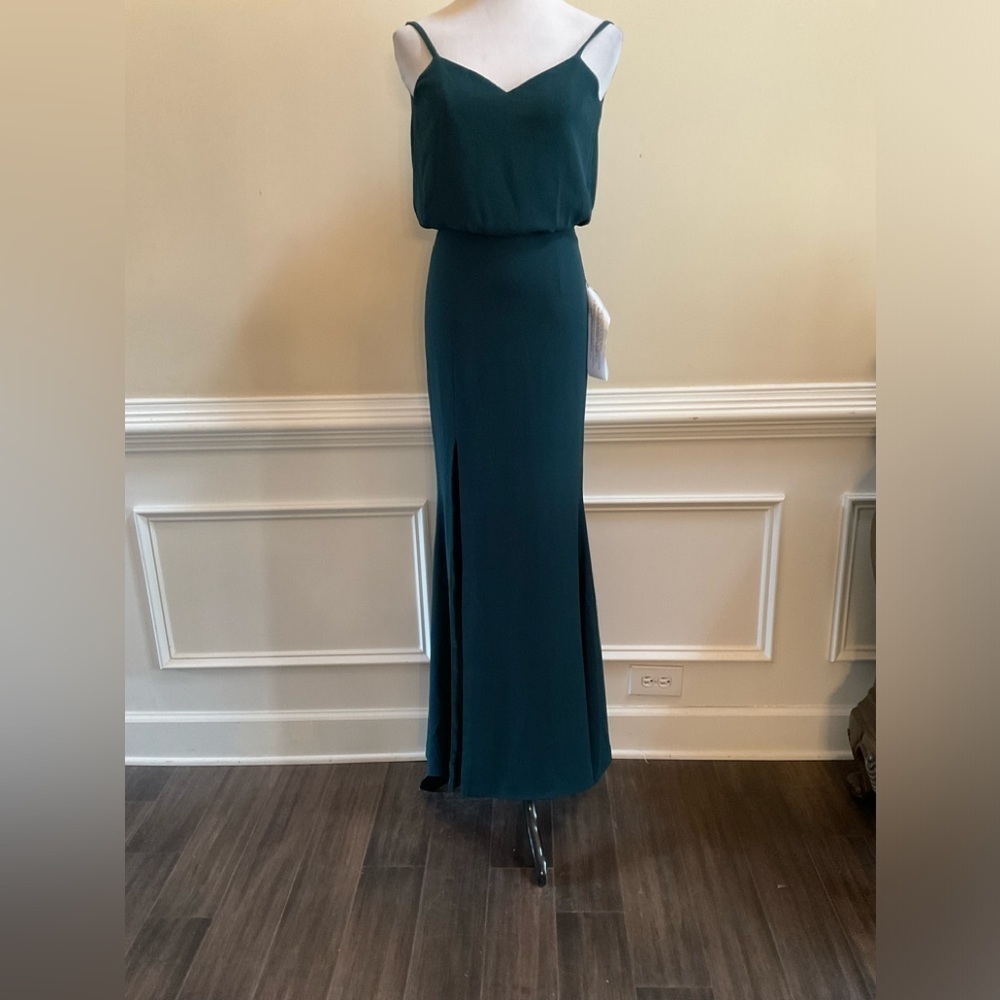 Dress the Population Gracelyn Blouson Jersey Maxi Gown Thigh High Slit Pine XXS